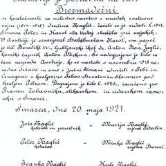 Shranjeno posvetilo družine Naglič v notranjosti kapelice iz leta 1920