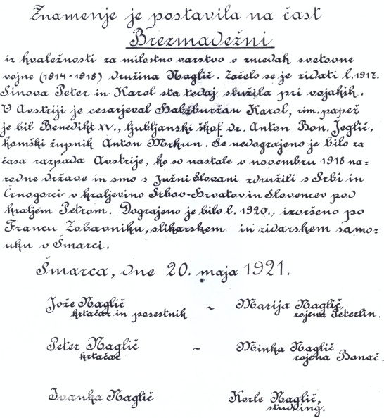 Shranjeno posvetilo družine Naglič v notranjosti kapelice iz leta 1920.jpg