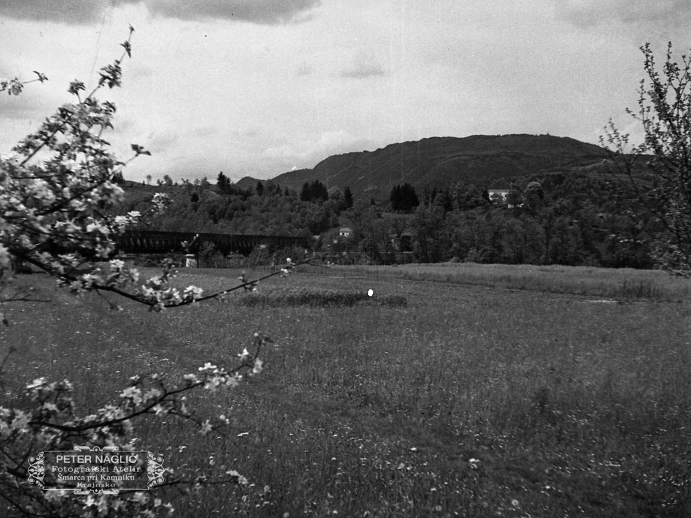Litija - železniški most; zadaj sredi hriba grad Pogonik, pogled iz Zgornjega Loga - F 1933 2 10 016