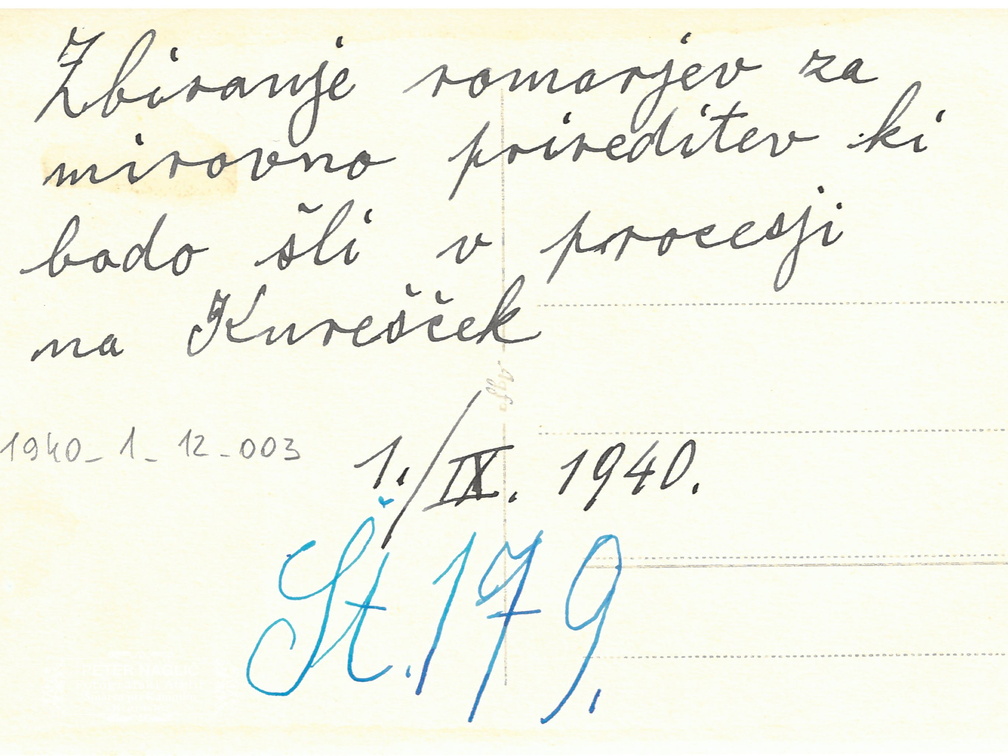Nagličev pripis o Mirovni pobožnosti na Kureščku leta 1940 na hrbtni strani fotografije - F 1940 1 12 003 hrbtna stran